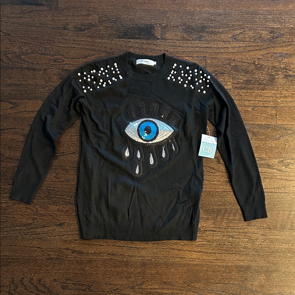 NWT In2You Women’s Black Sweater with Eye Design and Pearls Size Small